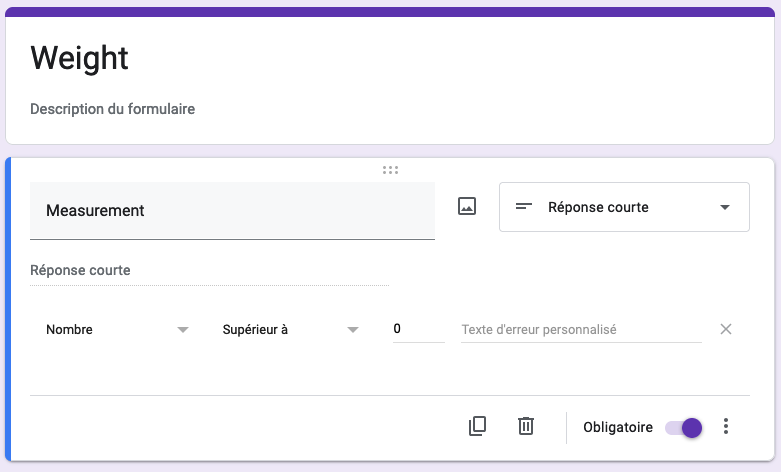 View of the Google form setup with one answer