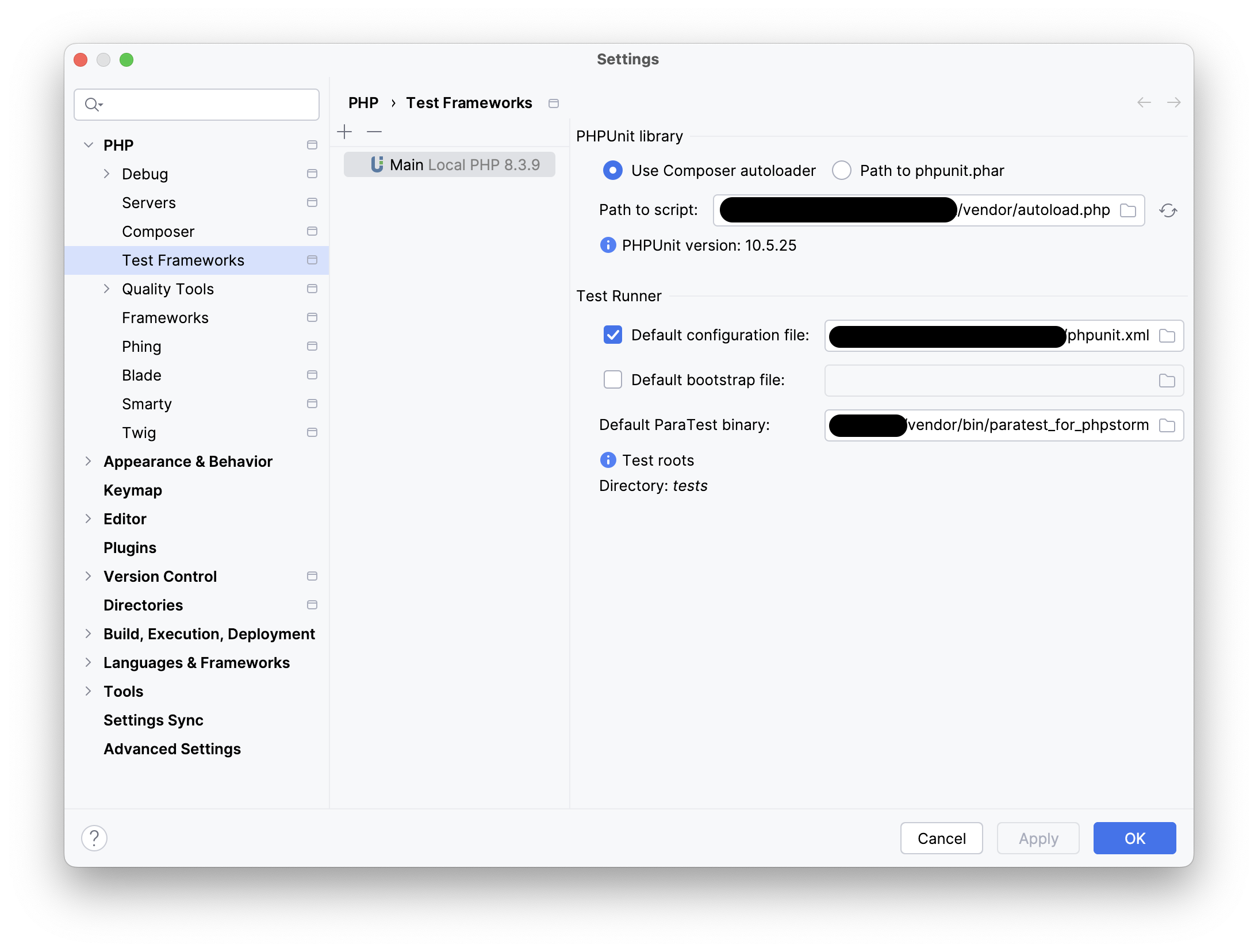 PhpStorm test frameworks setting window