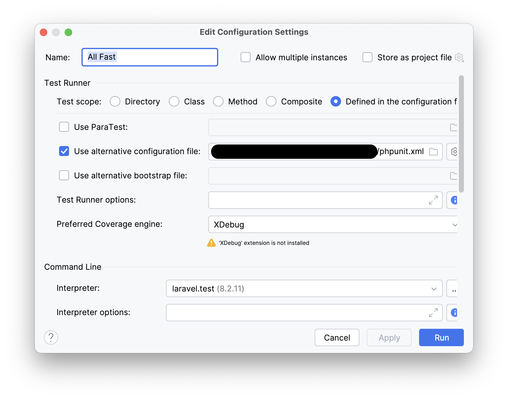 Run configuration setting window